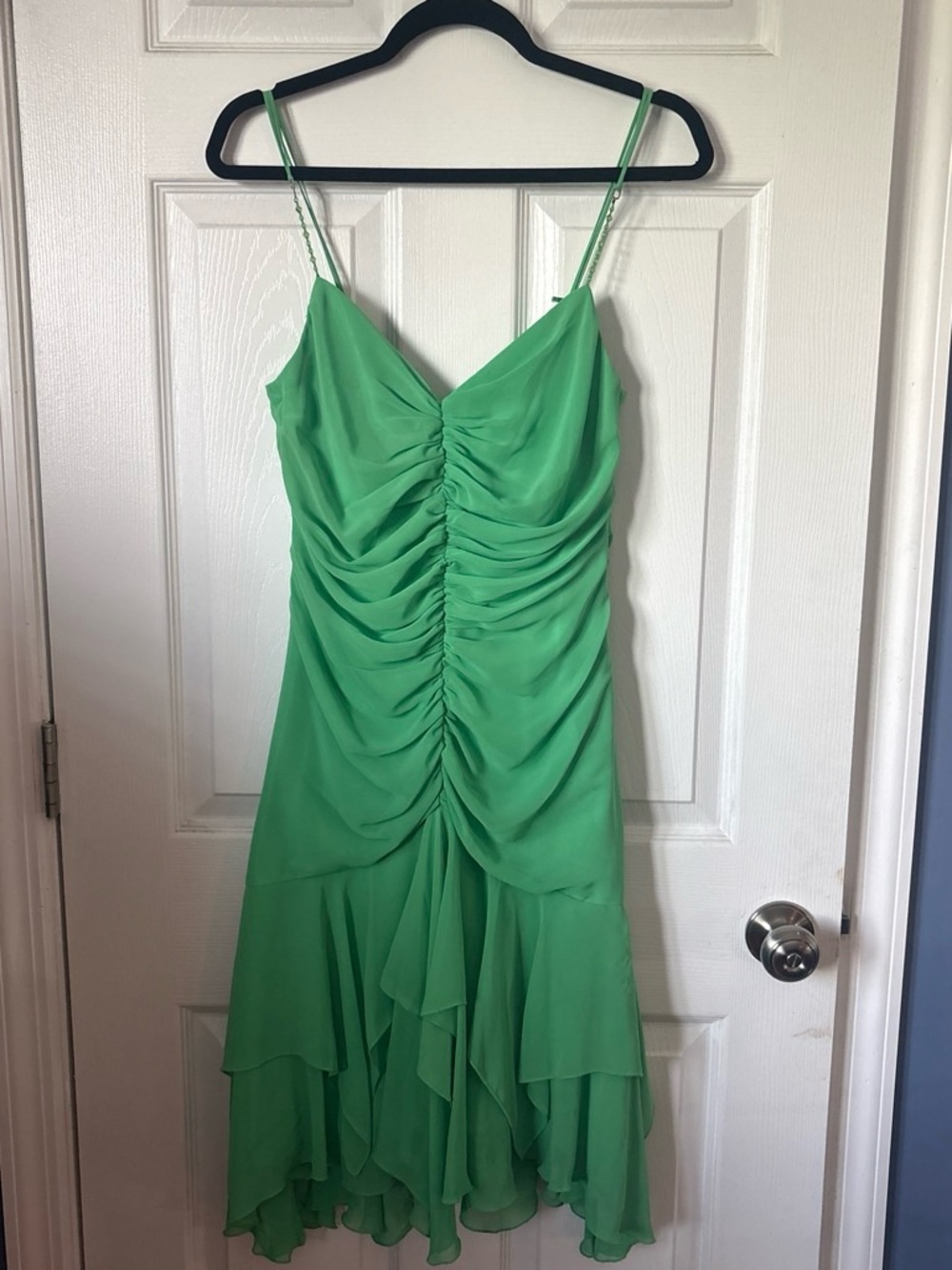 Allen B. By Allen Schwartz Lime Green Ruched V-Neck Midi Dress
